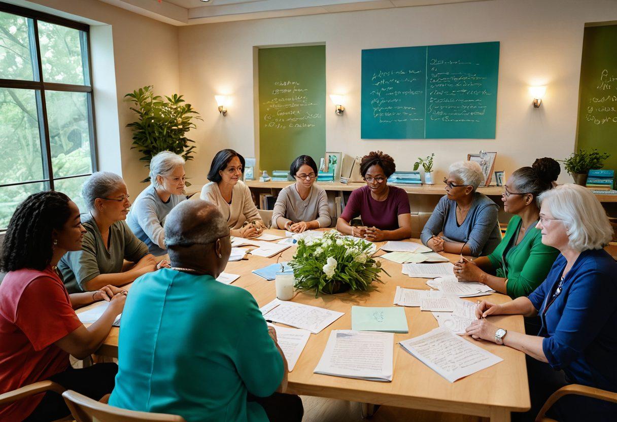 A serene scene of a diverse group of people engaged in a supportive cancer care workshop, surrounded by symbols of knowledge like books, charts, and vibrant flora representing wellness. The atmosphere is uplifting, embodying hope and empowerment, with soft light illuminating the participants’ expressions of determination and strength. Include soothing colors like green and blue to enhance the feeling of tranquility. super-realistic. vibrant colors. ethereal lighting.