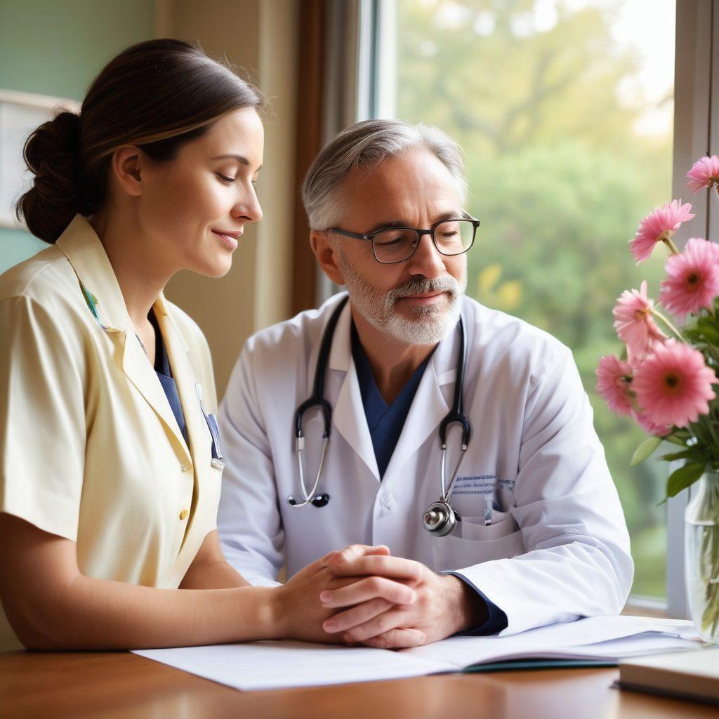 A serene hospital scene featuring a compassionate doctor consulting with a patient, displaying supportive gestures and comforting expressions. Surrounding them are symbols of hope, such as blooming flowers and a soft light filtering through a window, representing healing and care. Include elements like informative brochures about cancer care on a nearby table, emphasizing education and awareness. The overall mood should evoke warmth and reassurance. super-realistic. vibrant colors. soft focus.